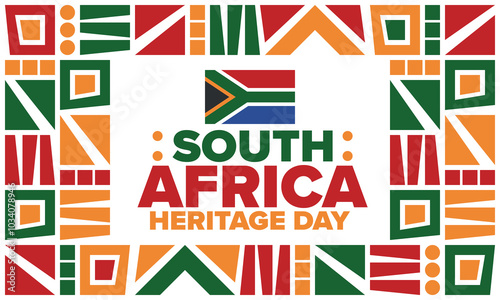 South Africa Heritage Day. Happy holiday. Celebrate culture and traditions of nation. South African flag. Poster with illustration. Pattern design. Vector