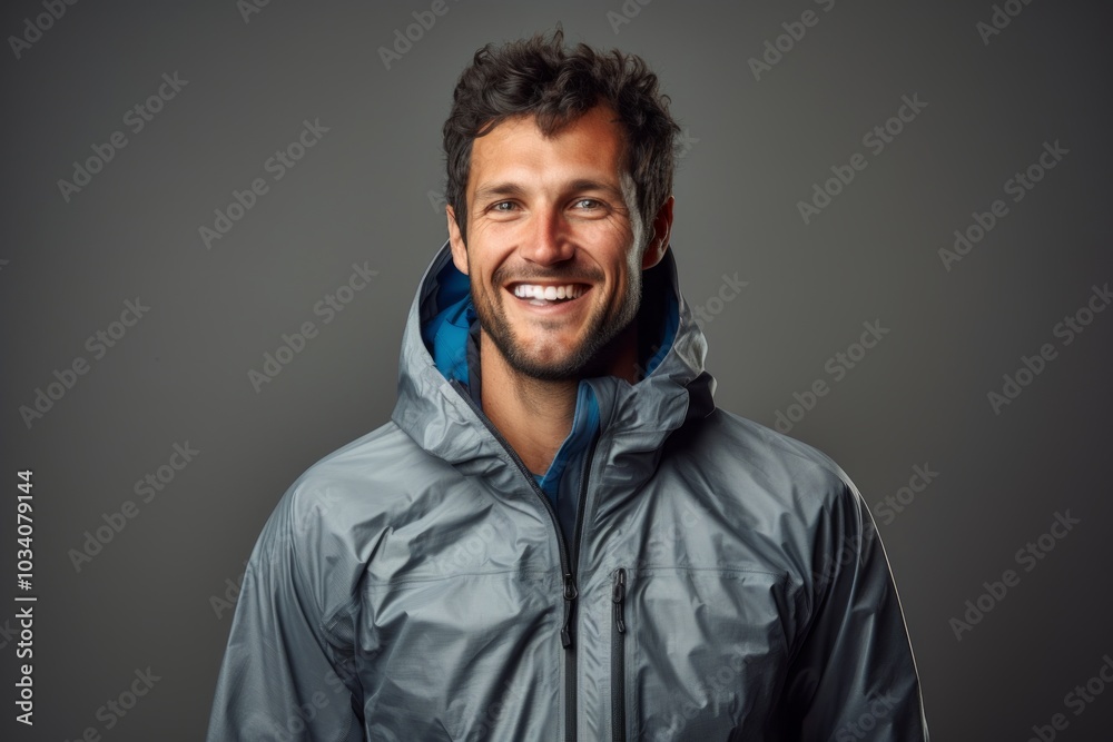 Fototapeta premium Portrait of a smiling man in his 30s wearing a windproof softshell while standing against minimalist or empty room background