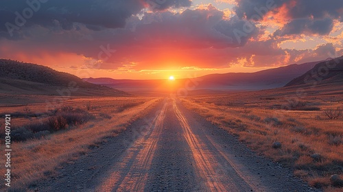 Stunning Sunset Landscape with Country Road and Mountains