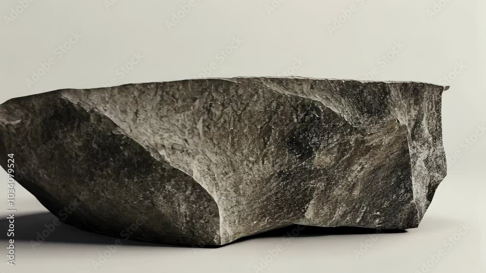 A large, dark grey rock sits on a white surface