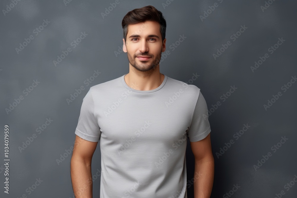 Portrait of a satisfied man in his 30s showing off a lightweight base layer in minimalist or empty room background Portrait of a satisfied man in his 30s showing off a lightweight base layer in minimalist or empty room background