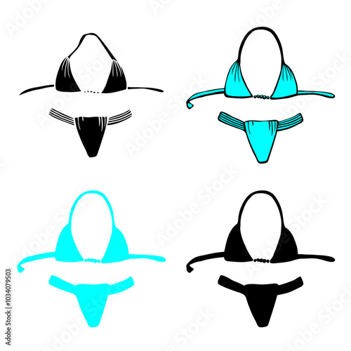 Fashionable bikini icon set. Fashion illustration, doodle hand-drawn sketch style. Two-piece woman swimsuit, top with beaded string, Brazilian bottom.