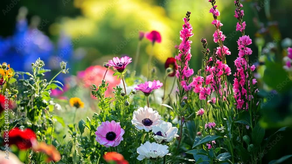 A vibrant flower garden blooms in the warm summer sun