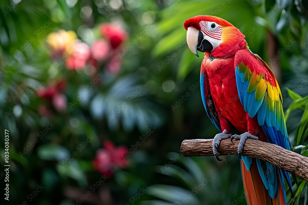Obraz premium A colorful parrot perched on a branch in a tropical setting, with lush green leaves and bright flowers