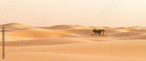 A serene desert scene featuring gently rolling sand dunes and a small palm oasis under a warm sunset glow, evoking a sense of peace and isolation.