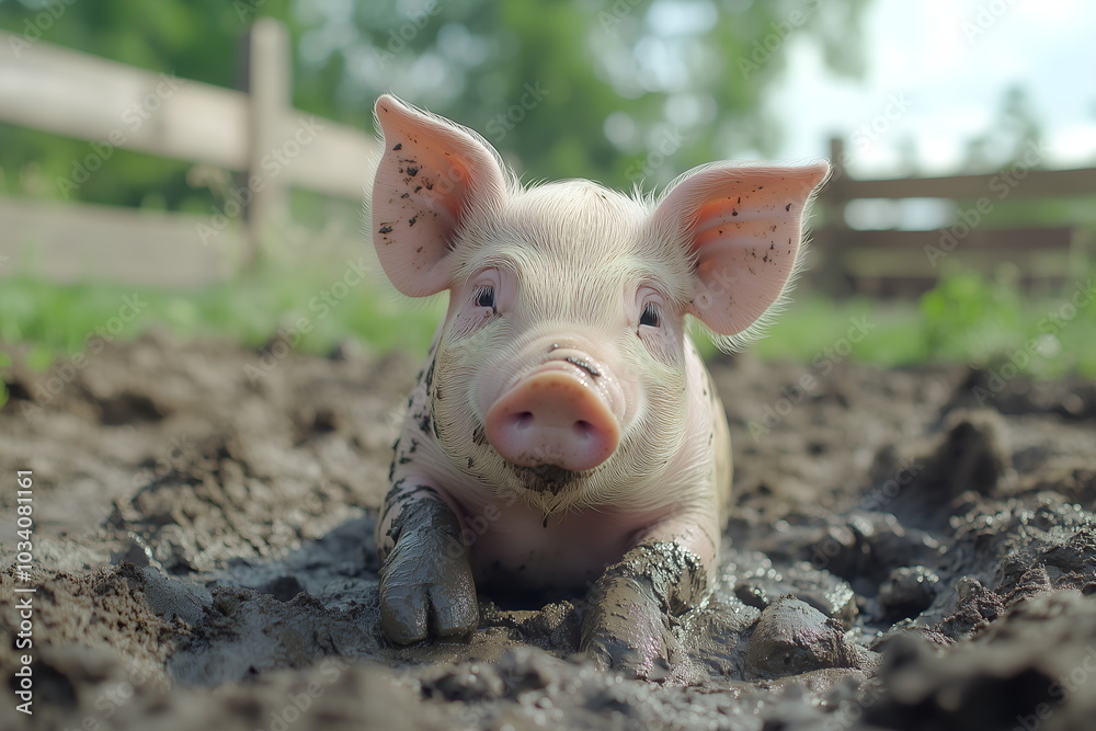 A playful piglet rolling in the mud on a farm, with a rustic wooden fence in the background