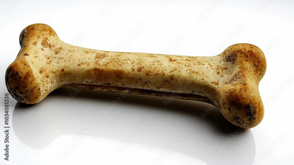 A tan, rubber dog bone lies on a white surface A tan, rubber dog bone lies on a white surface