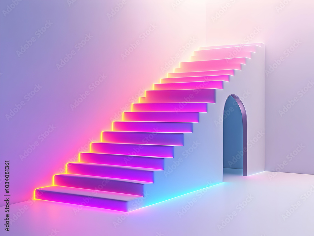 Flat Holographic White Staircase to Glowing Door | Close Up Illustrating Personal Growth Journey | Simple Vector Design for Self Improvement Messaging Flat Holographic White Staircase to Glowing Door | Close Up Illustrating Personal Growth Journey | Simple Vector Design for Self Improvement Messaging