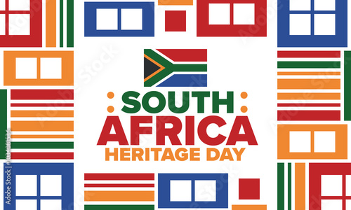 South Africa Heritage Day. Happy holiday. Celebrate culture and traditions of nation. South African flag. Poster with illustration. Pattern design. Vector