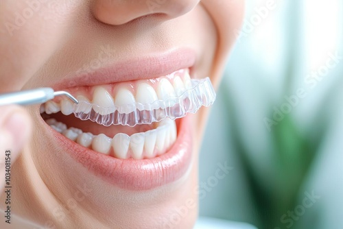 Dental professional adjusting clear aligners on patient s teeth, focused clinic shot, teeth correction, clear aligners photo