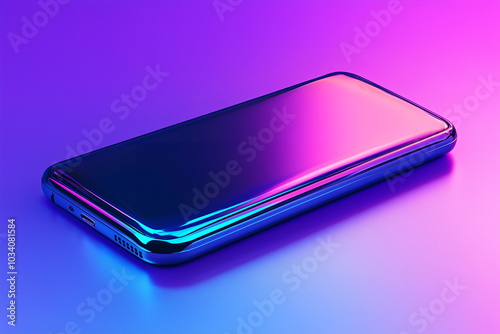 Gradient 3d smartphone, futuristic isolated neon background design layout, office supplies