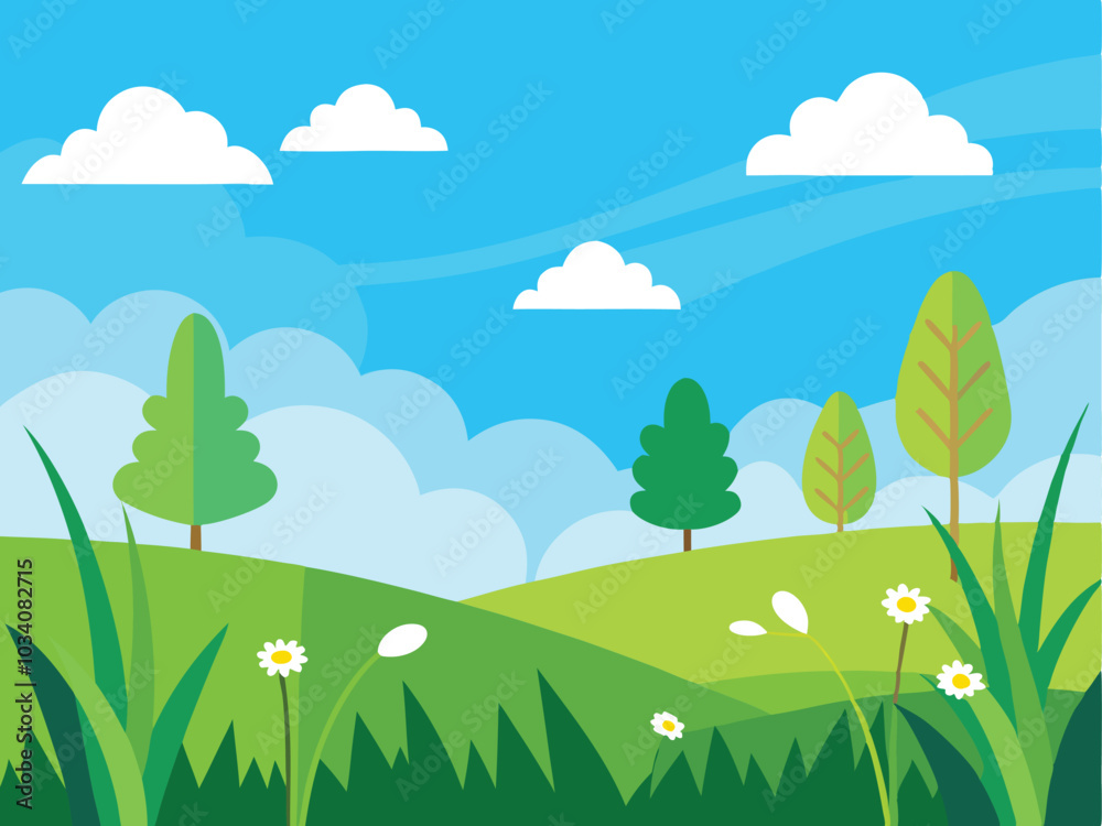 Obraz premium Lush Meadow Landscape with Wildflowers and Blue Sky for Nature-Inspired Designs
