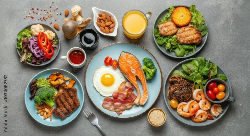 A vibrant assortment of healthy dishes is artfully arranged on a gray textured table. A vibrant assortment of healthy dishes is artfully arranged on a gray textured table.