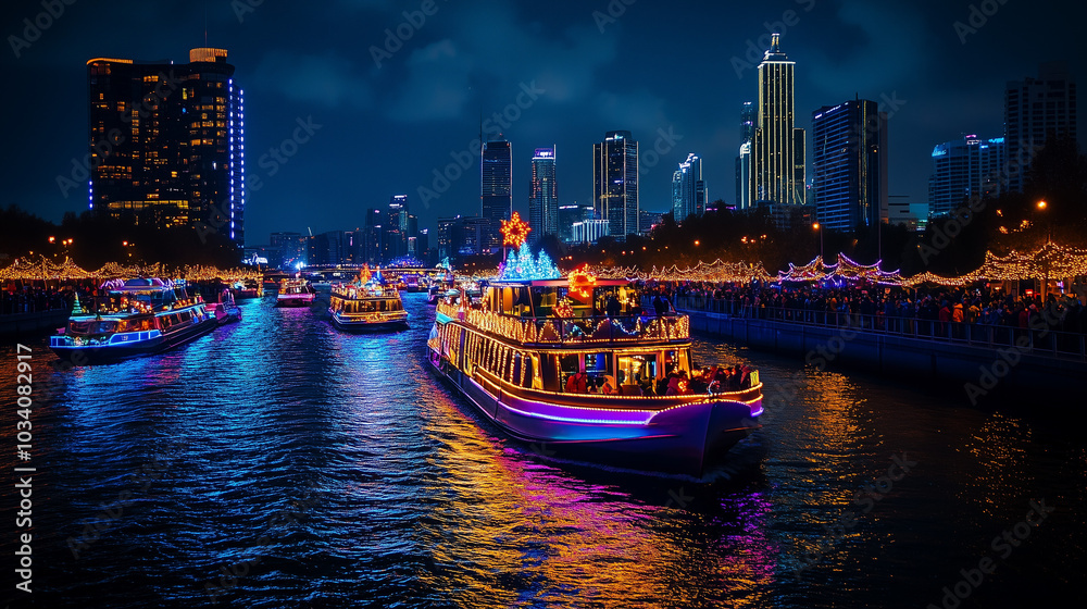 Naklejka premium The magnificent Winterfest boat parade on the water, boats decorated with colorful Christmas lights, sailing along the river, Ai generated images
