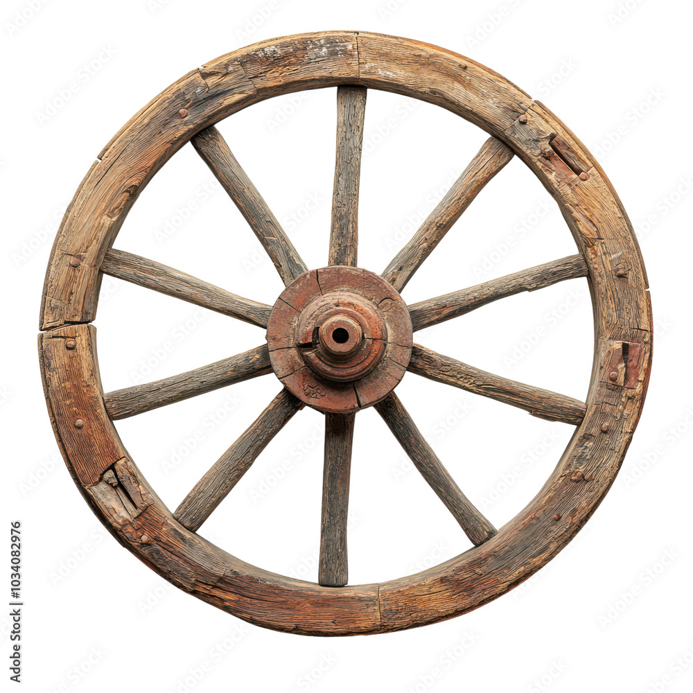 Rustic wooden wagon wheel displayed against a white background Rustic wooden wagon wheel displayed against a white background