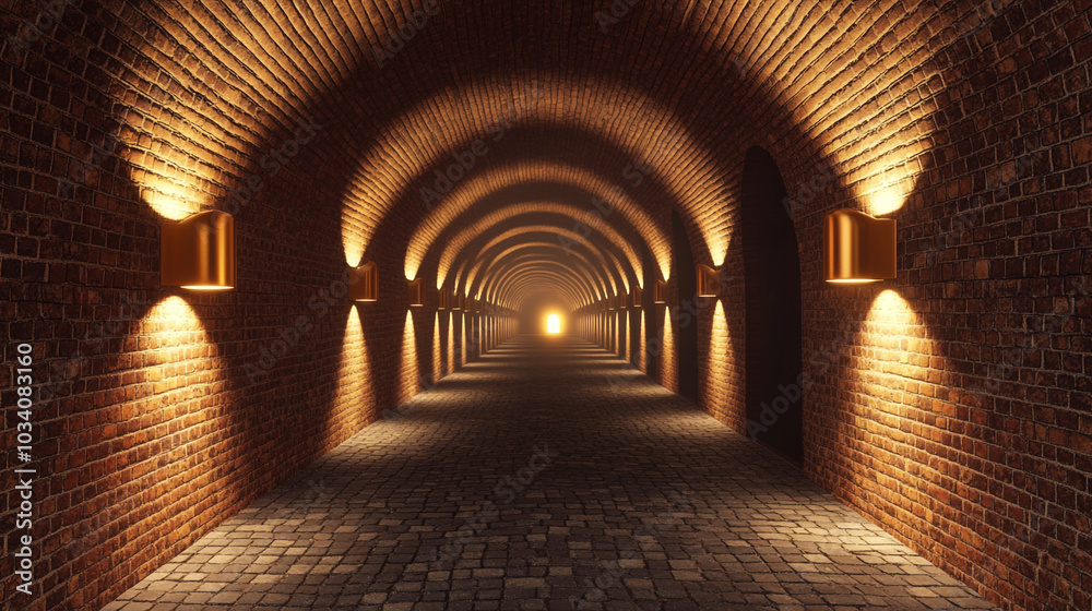 Brick Tunnel with Arched Ceiling and Warm Lighting Brick Tunnel with Arched Ceiling and Warm Lighting