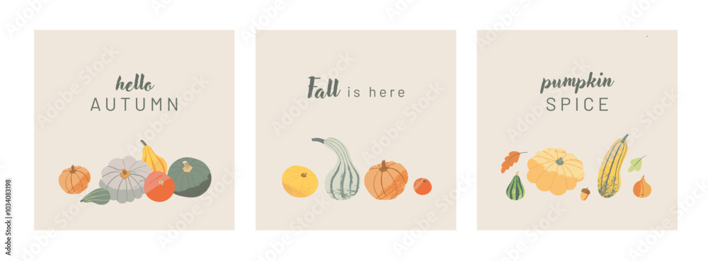 Set of autumn cards with pumpkins illustration. Fall is here. Cute squash vegetable on beige background. Seasonal greetings. Vector template Set of autumn cards with pumpkins illustration. Fall is here. Cute squash vegetable on beige background. Seasonal greetings. Vector template