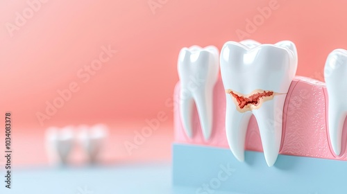 3D cross-section of a tooth with decay reaching the pulp chamber, showing the need for root canal treatment, tooth decay, root canal