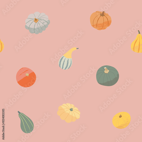 Thanksgiving seamless pattern on pink background. Vector illustration for textile, table cloth, or napkin. Repetitive background with different kinds of pumpkin and squash