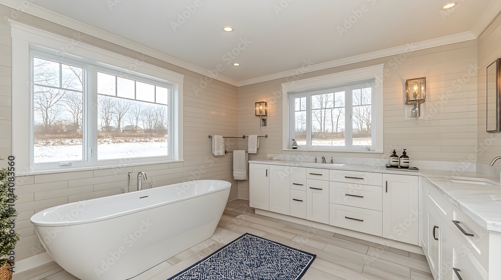 Stylish bathroom with a freestanding tub and modern fixtures Stylish bathroom with a freestanding tub and modern fixtures