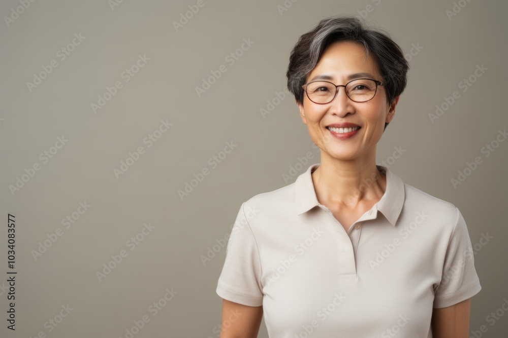 Portrait of a happy asian woman in her 50s wearing a sporty polo shirt in front of minimalist or empty room background Portrait of a happy asian woman in her 50s wearing a sporty polo shirt in front of minimalist or empty room background