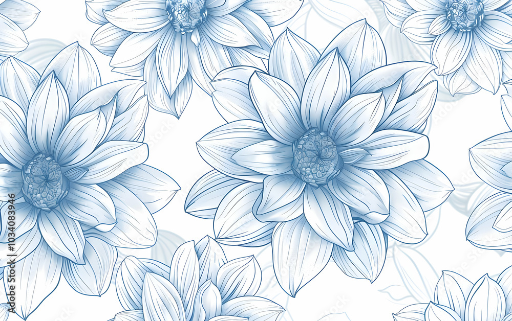 Fototapeta premium A seamless pattern of delicate line art dahlia flowers, their petals outlined in soft blue lines on an isolated white background.