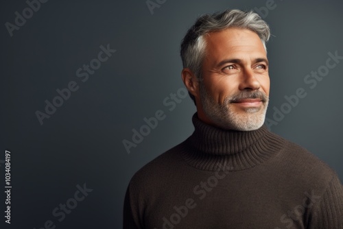 Portrait of a blissful man in his 50s wearing a classic turtleneck sweater isolated on minimalist or empty room background
