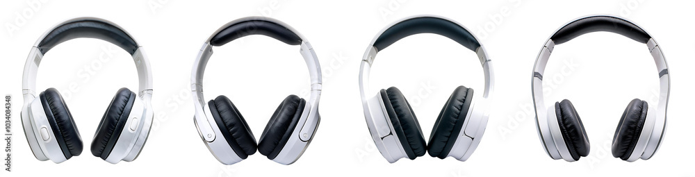 Four stylish headphones on a white isolated background showcasing modern design and versatility.