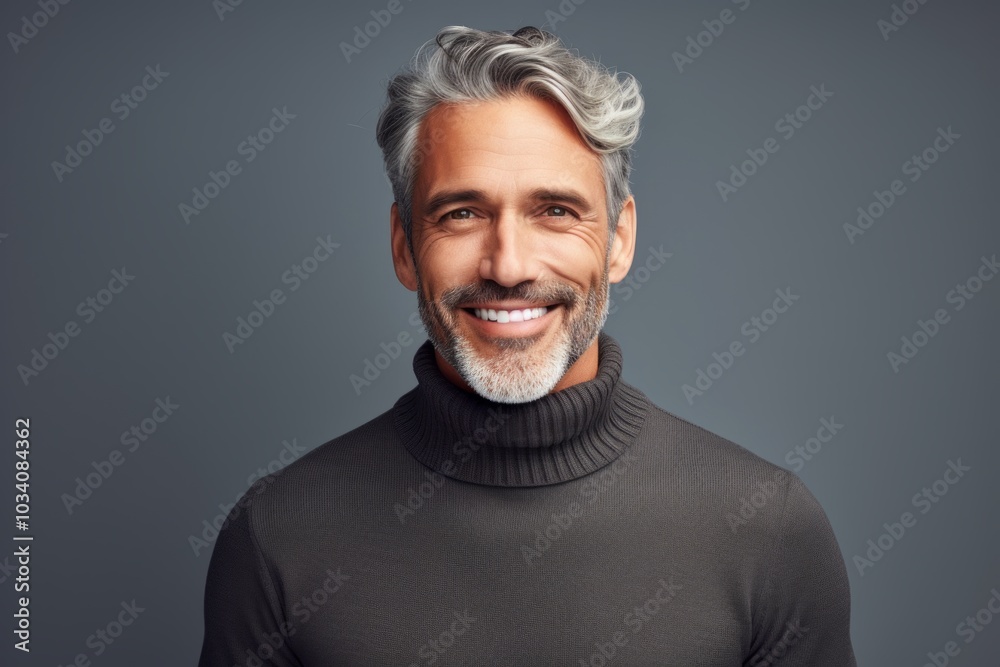 Portrait of a blissful man in his 50s wearing a classic turtleneck sweater in front of minimalist or empty room background