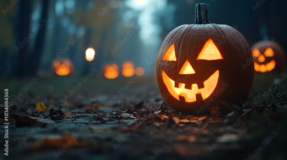 Festive jack-o'-lantern with autumn background Festive jack-o'-lantern with autumn background