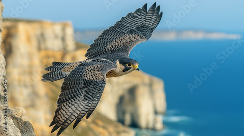 Peregrine falcon soaring along coastal cliffs, natural habitat, wildlife, conservation 