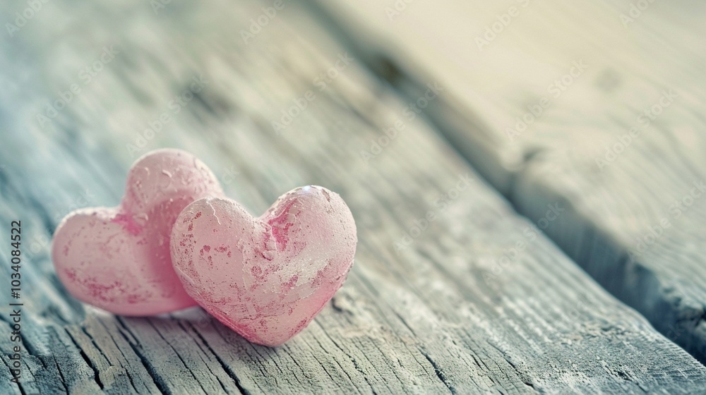 Obraz premium Close-up view of two pink hearts on a rustic wooden background, symbolizing love and romance.