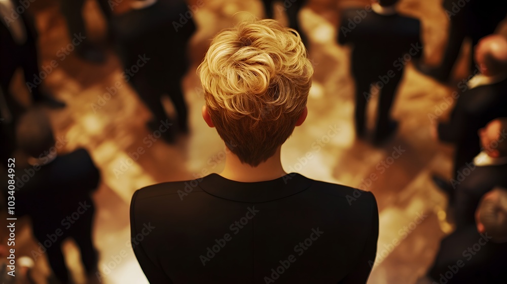 Obraz premium Bird s-eye view of a woman attending a high-profile business gala, her professional attire and short blonde hair making her stand out