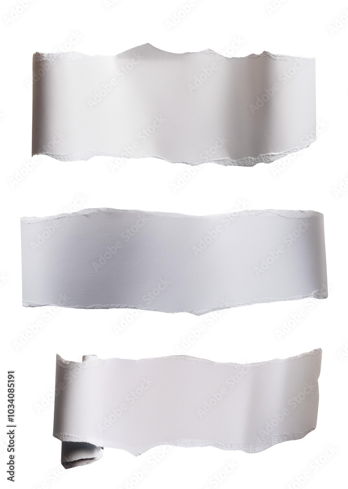 Three pieces of torn paper on transparent background for creative designs and mockups. Three pieces of torn paper on transparent background for creative designs and mockups.