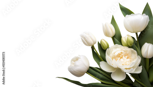 A beautiful arrangement of white tulips and peonies on a white isolated background.