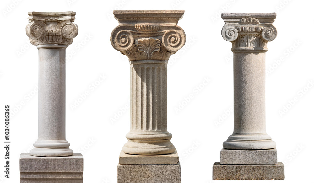 Three classical architectural columns with intricate designs against a white isolated background.