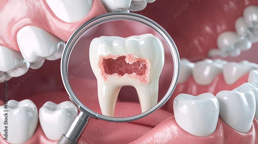 3D rendering of decayed teeth under a dental magnifying glass, highlighting the extent of cavities, cavity inspection, tooth decay 3D rendering of decayed teeth under a dental magnifying glass, highlighting the extent of cavities, cavity inspection, tooth decay