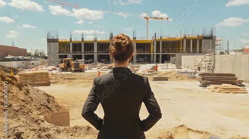 Wide shot of a woman in a business suit, standing at the front of a construction site, overseeing the progress of a major project photo