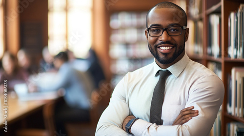 Confident Black Businessman in Library Setting Bookshelf Background