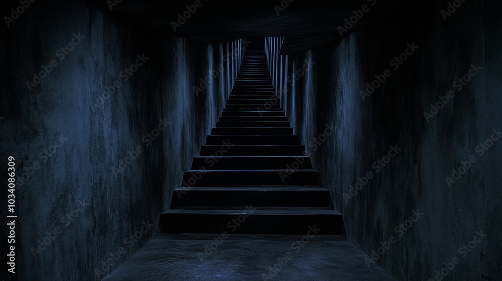Dark attic ladder leading upwards in a narrow, dimly lit corridor Dark attic ladder leading upwards in a narrow, dimly lit corridor