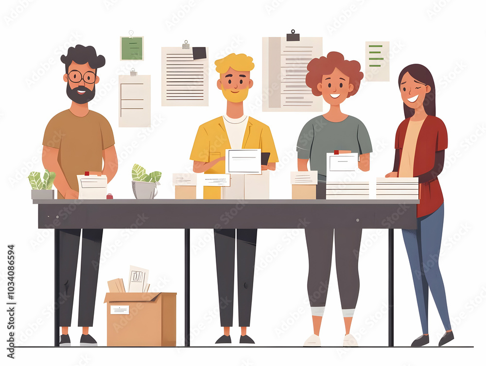 Flat Ballot Design Scrutiny Concept: Election Officials and Designers Collaborating on Layout with Expressions of Careful Consideration - Wide Shot Illustration with Isolated White Background and Spac