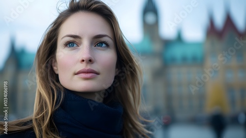 Close-up of the woman standing near the Parliament Buildings in Ottawa, Canada, her sharp features and large expressive eyes showing focus and determination as she prepares for a government meeting