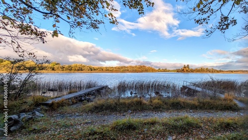 Obraz na płótnie Beautiful lakeside landscape scenery, mountains reflected in Ross lake, county Galway, Ireland, nature background w salonie