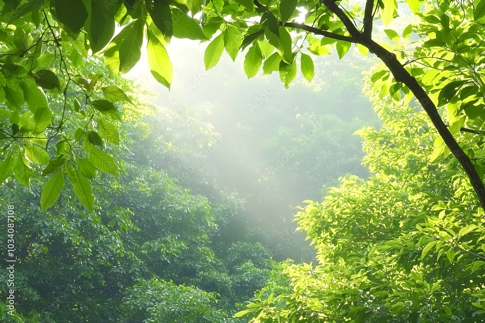 Obraz premium Lush Green Forest with Sunlight Filtering Through the Leaves Evoking a Peaceful Nature Scene