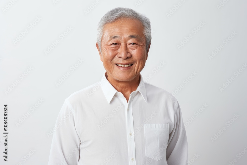 Portrait of a cheerful asian man in his 70s wearing a classic white shirt isolated on minimalist or empty room background Portrait of a cheerful asian man in his 70s wearing a classic white shirt isolated on minimalist or empty room background