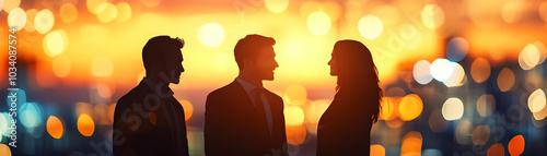 Soft Focus Silhouettes of Business Professionals in Animated Discussion Against Bokeh Lights - Collaboration and Innovation in ESG Context | Abstract Business Concept