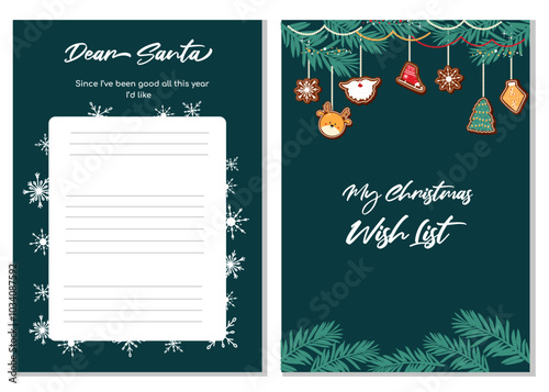 Template for Christmas wish list. Hand drawn vector design on dark blue background.
