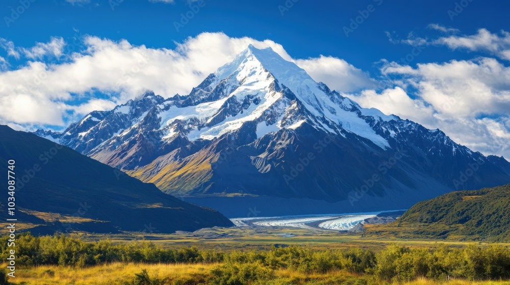 Fototapeta premium A majestic mountain stood tall, its peaks crowned with snow.