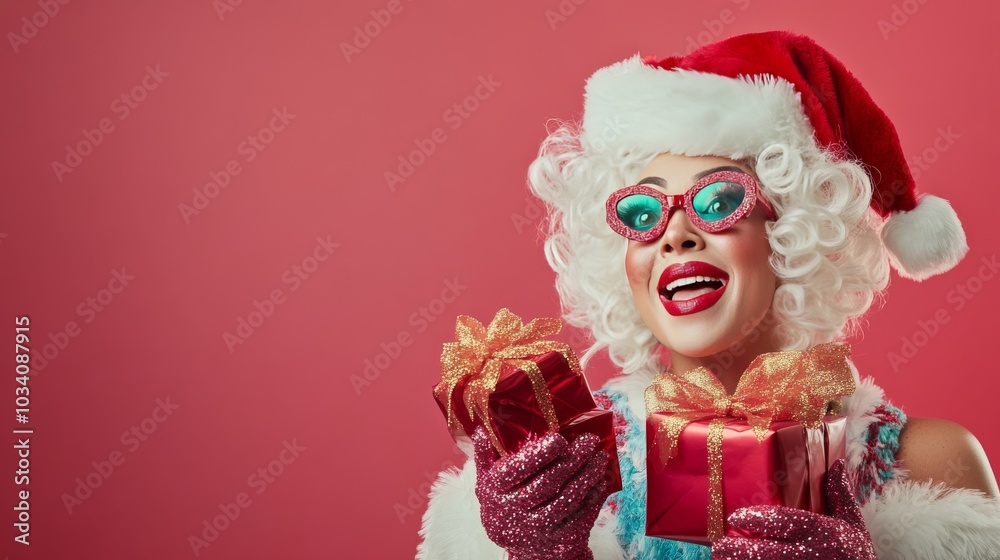 A cheerful person in a Santa hat, holding festive gifts, with bright sunglasses and a playful expression against a pink background. A cheerful person in a Santa hat, holding festive gifts, with bright sunglasses and a playful expression against a pink background.