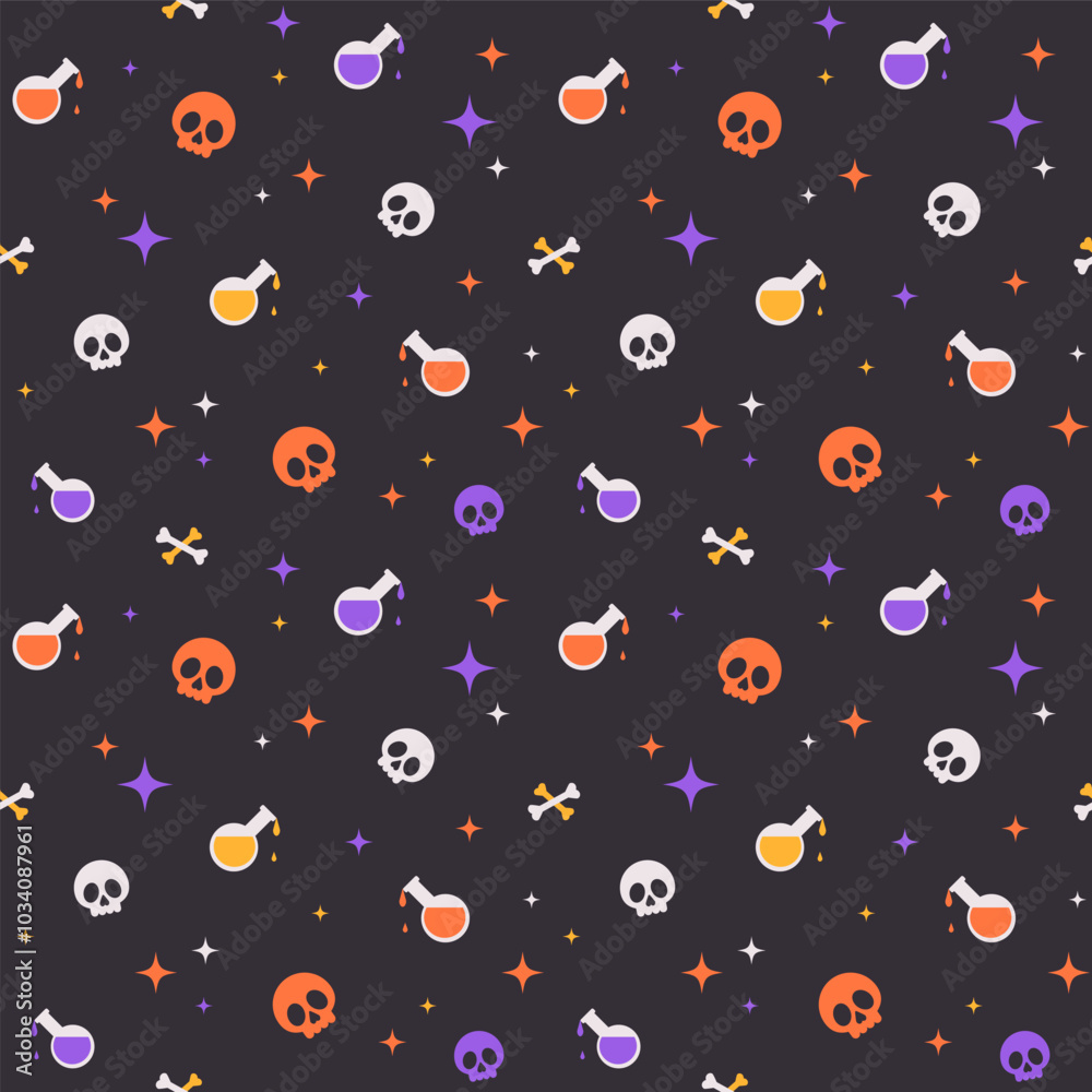Spooky Halloween Seamless Pattern with skull, bones, bottle of poison and stars on black background. Vector illustration with horror repeating print. in minimalist flat style Spooky Halloween Seamless Pattern with skull, bones, bottle of poison and stars on black background. Vector illustration with horror repeating print. in minimalist flat style
